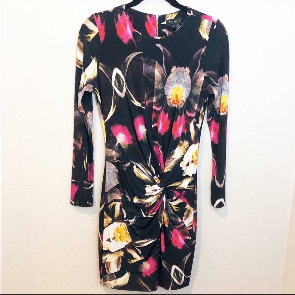 Ted Baker Black Floral Twist-Knot Midi Dress with Pink and Yellow